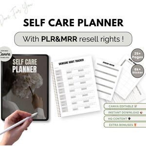 May include: A digital planner for self-care with a floral design on the cover. The planner is editable in Canva and includes 25+ pages, 6k+ stickers, and extra bonuses. The text "SELF CARE PLANNER" is displayed on the cover.