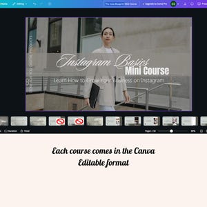 May include: A Canva presentation template for an Instagram basics mini course. The template features a woman walking down a city street with the text "Instagram Basics Mini Course" and "Learn How to Grow Your Business on Instagram". The text "Each course comes in the Canva Editable format" is displayed below the presentation.