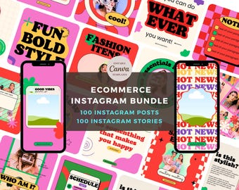 Puede incluir: Un paquete de Instagram de comercio electrónico con 100 publicaciones y 100 historias. La imagen presenta un teléfono inteligente rosa y varias plantillas de publicaciones de Instagram coloridas con texto como "Fun Bold Style" y "What Ever You Want!"