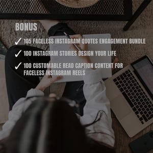 Puede incluir: Una persona trabajando en un ordenador port&aacute;til con un cuaderno y un bol&iacute;grafo. El cuaderno tiene una lista de verificaci&oacute;n con el texto "BONUS" y tres elementos: "105 citas de Instagram sin rostro para el paquete de compromiso", "100 historias de Instagram para dise&ntilde;ar tu vida" y "100 contenidos de leyendas personalizables para carretes de Instagram sin rostro".
