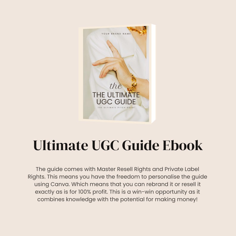 May include: A book cover with a white background and a woman's hand wearing gold jewellery. The title of the book is "The Ultimate UGC Guide: The Ultimate Pitch Guide".
