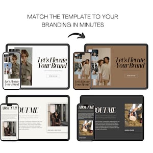 Puede incluir: Un collage de im&aacute;genes que muestran una plantilla de sitio web para una marca. La plantilla presenta un fondo marr&oacute;n con el texto "Let's Elevate Your Brand" en negro. La plantilla del sitio web se muestra en una pantalla de computadora, una tableta y un tel&eacute;fono inteligente.