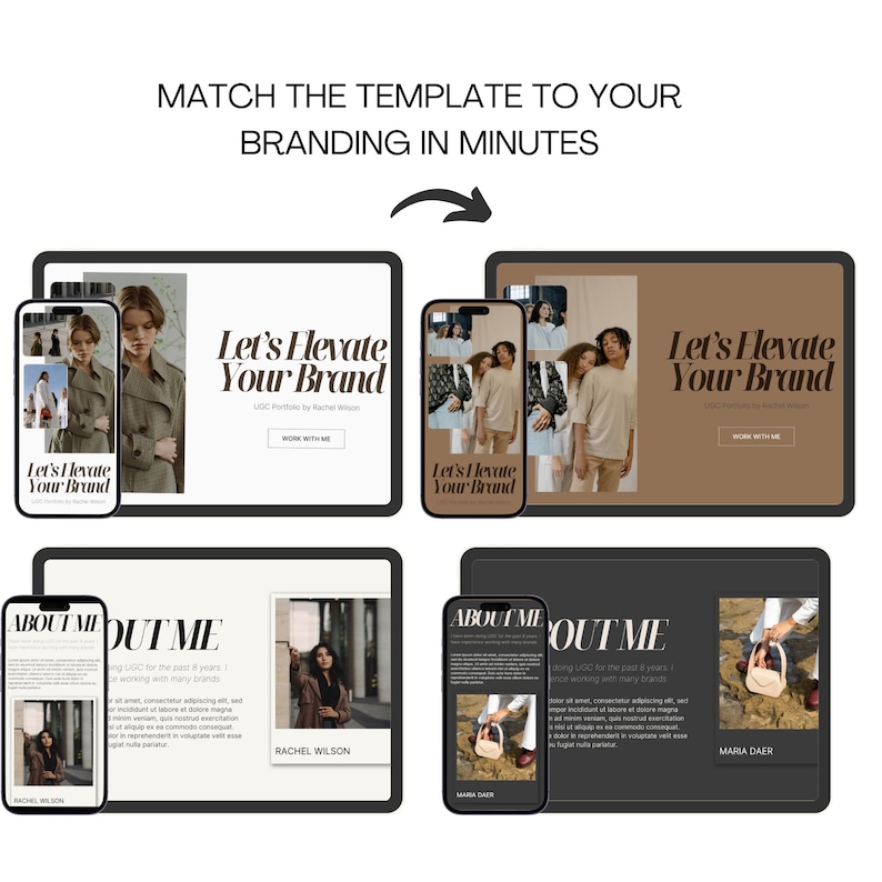 Puede incluir: Un collage de im&aacute;genes que muestran una plantilla de sitio web para una marca. La plantilla presenta un fondo marr&oacute;n con el texto "Let's Elevate Your Brand" en negro. La plantilla del sitio web se muestra en una pantalla de computadora, una tableta y un tel&eacute;fono inteligente.