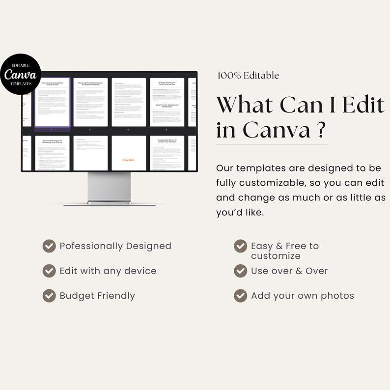 May include: A computer screen displaying a Canva template with the text "What Can I Edit in Canva?" and a list of features, including "Professionally Designed", "Edit with any device", "Budget Friendly", "Easy & Free to customize", "Use over & Over", and "Add your own photos".