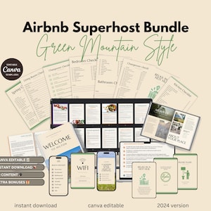 May include: A digital bundle of printable Airbnb Superhost checklists and welcome guides in a green mountain style. The bundle includes checklists for the living room, bedroom, bathroom, kitchen, changeover, and spring cleaning. It also includes a welcome guide, a WiFi guide, and a "Relax in a Hot Tub" guide. The bundle is available for instant download and is editable in Canva. The text "Airbnb Superhost Bundle Green Mountain Style" is at the top of the image.