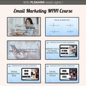May include: A blue and white presentation slide with the text "Email Marketing Mini Course" and a woman using a laptop. The slide also includes the text "Email Marketing Mini Course" and "Strategies for Successful Email Marketing".