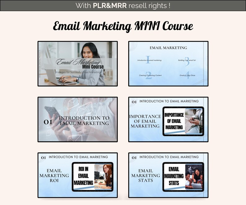 May include: A blue and white presentation slide with the text "Email Marketing Mini Course" and a woman using a laptop. The slide also includes the text "Email Marketing Mini Course" and "Strategies for Successful Email Marketing".