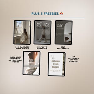 Pode incluir: Uma colagem de capas de produtos digitais para o crescimento do Instagram, amor pr&oacute;prio e conte&uacute;do motivacional. As capas apresentam imagens de pessoas, texto e um design minimalista.