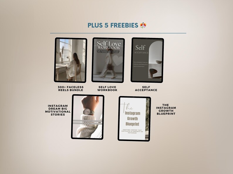 Pode incluir: Uma colagem de capas de produtos digitais para o crescimento do Instagram, amor pr&oacute;prio e conte&uacute;do motivacional. As capas apresentam imagens de pessoas, texto e um design minimalista.