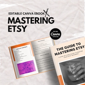 May include: An open book titled "The Guide to Mastering Etsy" with an orange and white cover. The book is a step-by-step guide to mastering your Etsy business. The book is open to a page titled "Shop Policies" and another page titled "Delivery Settings".