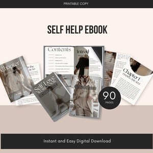 May include: A self-help ebook cover with the title "Self Help Ebook" and a subtitle "Self Love Workbook". The cover features a woman in a beige blazer and a white shirt. The ebook has 90 pages and is available for instant digital download.
