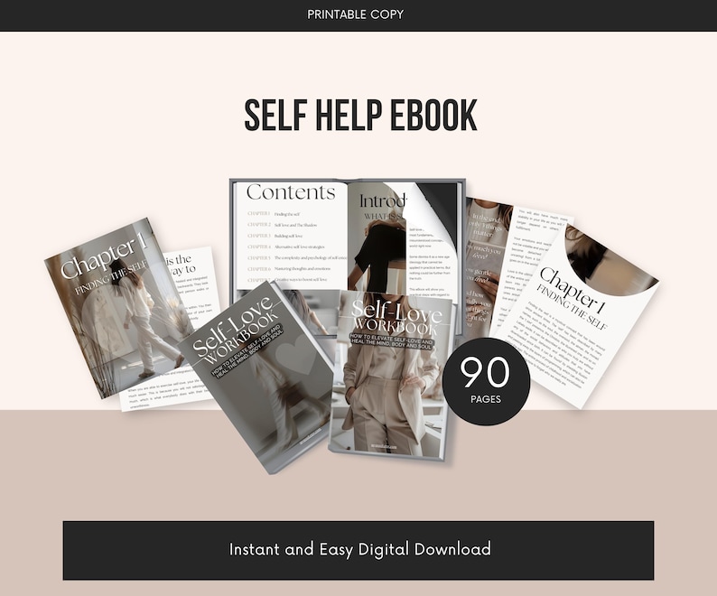 May include: A self-help ebook cover with the title "Self Help Ebook" and a subtitle "Self Love Workbook". The cover features a woman in a beige blazer and a white shirt. The ebook has 90 pages and is available for instant digital download.