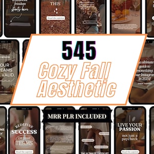 May include: A collection of 545 Cozy Fall Aesthetic Instagram story templates. The templates feature a variety of fall-themed designs, including pumpkins, leaves, and cozy sweaters. The text on the templates includes motivational quotes, business tips, and lifestyle advice. The templates are perfect for bloggers, entrepreneurs, and anyone who wants to create engaging content for their Instagram stories.