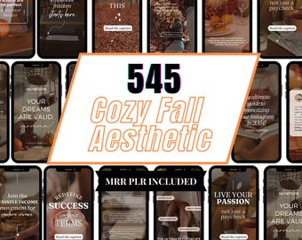 May include: A collection of 545 Cozy Fall Aesthetic Instagram story templates. The templates feature a variety of fall-themed designs, including pumpkins, leaves, and cozy sweaters. The text on the templates includes motivational quotes, business tips, and lifestyle advice. The templates are perfect for bloggers, entrepreneurs, and anyone who wants to create engaging content for their Instagram stories.