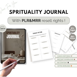 May include: A digital product mockup for a spirituality journal with 57 pages and 6,000 stickers. The journal cover features a minimalist design with a brown background and the text "Spirituality Journal". The mockup shows a tablet with a stylus, suggesting that the journal is digital and can be edited in Canva.