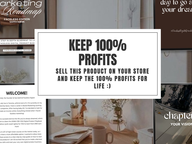 May include: A white text box with black text that reads "KEEP 100% PROFITS SELL THIS PRODUCT ON YOUR STORE AND KEEP THE 100% PROFITS FOR LIFE :)" The text box is on a background of a blurry image of a wooden table with a notebook, a cup, and a vase with flowers.