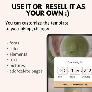 May include: A digital template with the text "USE IT OR RESELL IT AS YOUR OWN :)". The template can be customized, changing fonts, colors, elements, text, pictures, and pages. A countdown timer shows 2 days, 15 hours, and 23 minutes.