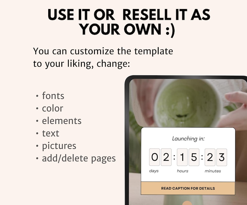 May include: A digital template with the text "USE IT OR RESELL IT AS YOUR OWN :)". The template can be customized, changing fonts, colors, elements, text, pictures, and pages. A countdown timer shows 2 days, 15 hours, and 23 minutes.