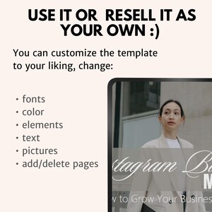 May include: A digital tablet displaying a graphic with the text "Instagram Basics Mini" and "How to Grow Your Business on..."  The graphic is in a white and black color scheme with a cursive font. The tablet is on a white background.
