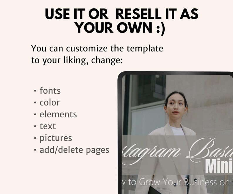 May include: A digital tablet displaying a graphic with the text "Instagram Basics Mini" and "How to Grow Your Business on..."  The graphic is in a white and black color scheme with a cursive font. The tablet is on a white background.