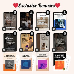 May include: A collection of digital marketing guides and resources for Etsy sellers. The guides cover topics such as creating a digital marketing roadmap, making money online with digital products, mastering Etsy, Etsy shop templates, Etsy shop announcements, and ranking #1 on Etsy.