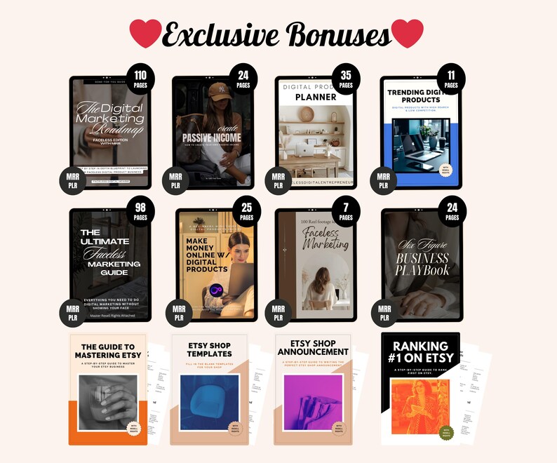 May include: A collection of digital marketing guides and resources for Etsy sellers. The guides cover topics such as creating a digital marketing roadmap, making money online with digital products, mastering Etsy, Etsy shop templates, Etsy shop announcements, and ranking #1 on Etsy.