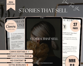 Puede incluir: Una maqueta de producto digital con el título "Stories That Sell" en un esquema de color rosa y negro. La maqueta muestra una tableta con el rostro de una mujer y un diseño floral. El texto "Convert Followers to Sales" también es visible. El producto es una guía de 27 páginas con el título "The Audience" y el texto "MRR PLR".