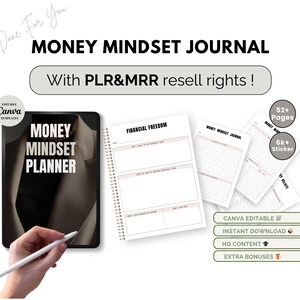 May include: A digital planner with a black and white cover featuring the text "Money Mindset Planner". The planner is open to a page titled "Financial Freedom" with a grid layout for writing. The image also shows a stack of pages with the text "Money Mindset Journal" and a sticker with the text "52+ Pages" and "6k+ Sticker".