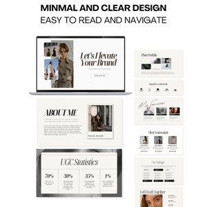 Puede incluir: Una maqueta de dise&ntilde;o de sitio web con una est&eacute;tica minimalista. El sitio web presenta un encabezado con el texto "Let's Elevate Your Brand", una secci&oacute;n sobre el propietario del sitio web y una secci&oacute;n con estad&iacute;sticas sobre el contenido generado por los usuarios. El sitio web est&aacute; dise&ntilde;ado para ser f&aacute;cil de leer y navegar.