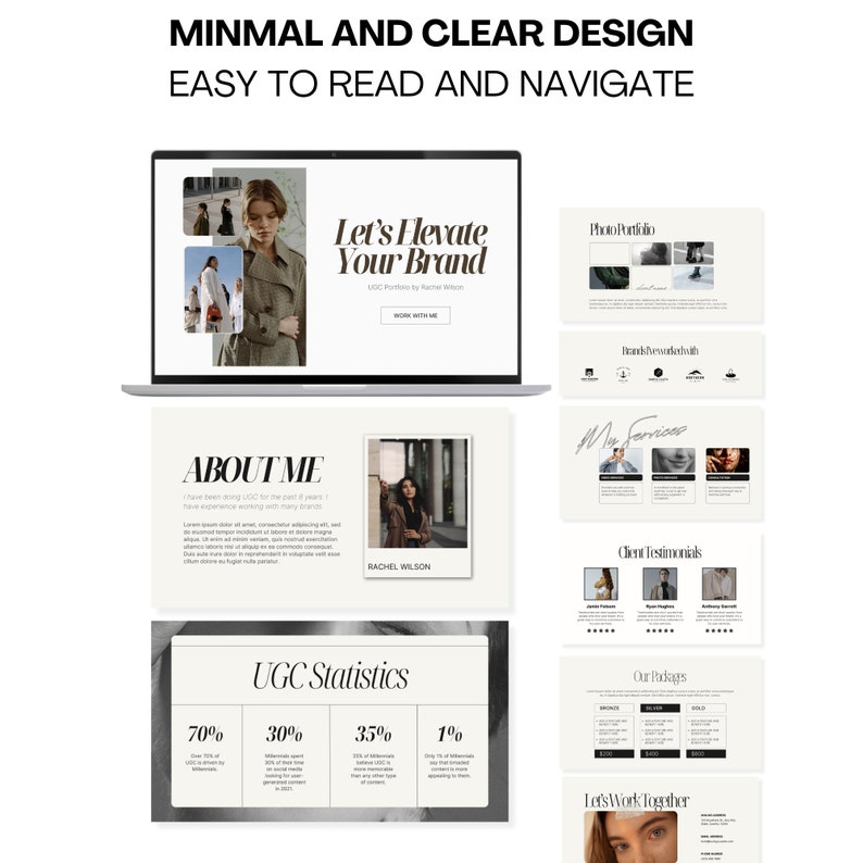 Puede incluir: Una maqueta de dise&ntilde;o de sitio web con una est&eacute;tica minimalista. El sitio web presenta un encabezado con el texto "Let's Elevate Your Brand", una secci&oacute;n sobre el propietario del sitio web y una secci&oacute;n con estad&iacute;sticas sobre el contenido generado por los usuarios. El sitio web est&aacute; dise&ntilde;ado para ser f&aacute;cil de leer y navegar.