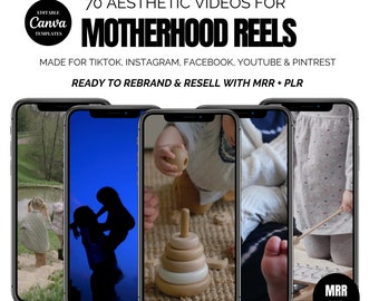 May include: A set of four phone screen mockups showcasing different videos for motherhood reels. The videos feature a child playing with toys, a child playing a musical instrument, and a mother and child in silhouette.