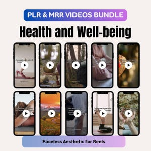 Könnte beinhalten: Eine Sammlung von 10 Videoclips für soziale Medien mit Zitaten über Gesundheit und Wohlbefinden. Die Videos sind im faceless-ästhetischen Stil gehalten, mit einem Play-Button in der Mitte jedes Videos.