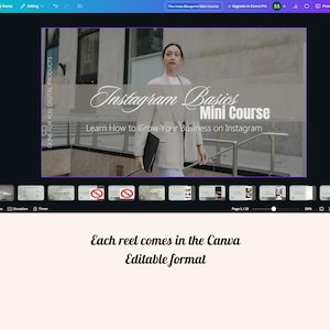 May include: A Canva presentation slide with the text "Instagram Basics Mini Course" and "Learn How to Grow Your Business on Instagram." The image features a woman in a beige suit holding a black folder. The text "DONE FOR YOU DIGITAL PRODUCTS" is also visible.