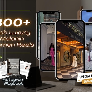 Pode incluir: Um produto de marketing digital que oferece mais de 300 reels do Instagram para mulheres. Os reels se concentram no luxo e na melanina. O produto tamb&eacute;m inclui um playbook do Instagram b&ocirc;nus. A imagem mostra uma colagem de telas de telefones que exibem os reels e uma c&oacute;pia digital do playbook.