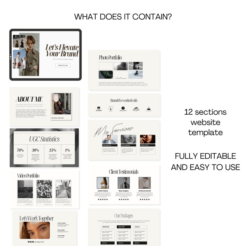Puede incluir: Una plantilla de sitio web con 12 secciones, que incluyen una secci&oacute;n de informaci&oacute;n personal, un portafolio de fotos, un portafolio de videos, testimonios de clientes y una secci&oacute;n para paquetes. La plantilla es totalmente editable y f&aacute;cil de usar. La plantilla tiene un dise&ntilde;o minimalista con un fondo beige y texto negro.