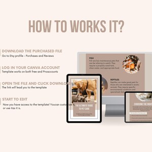 May include: A digital guide to pet care with a brown background and text that says "The Ultimate Guide to Pet Care". The guide is open to a page about choosing the right pet. There are three other pages visible, one about fish, one about reptiles, and one about choosing the right pet.
