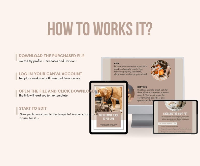 May include: A digital guide to pet care with a brown background and text that says "The Ultimate Guide to Pet Care". The guide is open to a page about choosing the right pet. There are three other pages visible, one about fish, one about reptiles, and one about choosing the right pet.