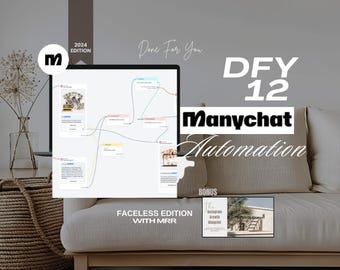 May include: A computer screen displaying a flowchart with the text "Done For You DFY 12 Manychat Automation" and the words "Faceless Edition with MRR" below the screen. A bonus book titled "The Instagram Growth Blueprint" is visible in the lower right corner.