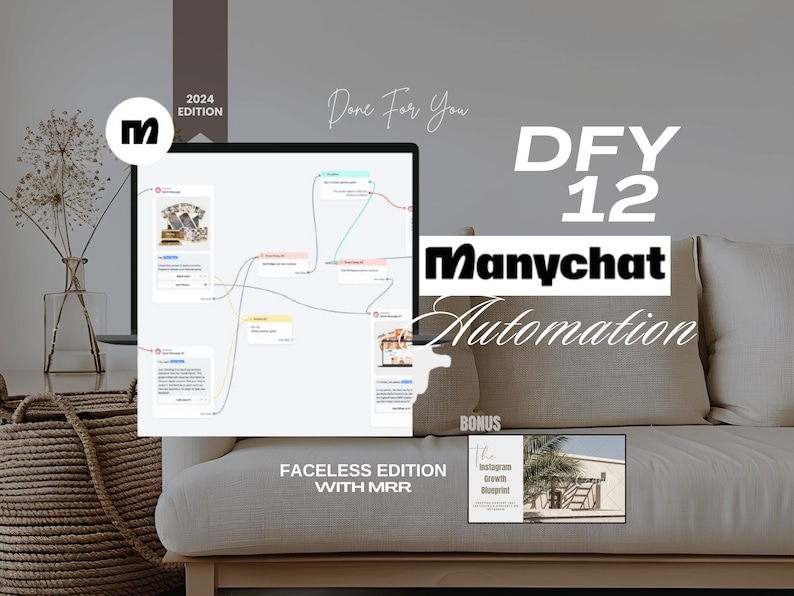 May include: A computer screen displaying a flowchart with the text "Done For You DFY 12 Manychat Automation" and the words "Faceless Edition with MRR" below the screen. A bonus book titled "The Instagram Growth Blueprint" is visible in the lower right corner.