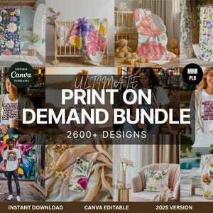 Könnte beinhalten: Werbebild für ein Print-on-Demand-Bundle mit über 2600 Designs. Das Bild zeigt verschiedene Produkte wie Duschvorhänge, Decken und T-Shirts, alle mit floralen und grafischen Designs. Text enthält "ULTIMATE PRINT ON DEMAND BUNDLE" und "2600+ DESIGNS".