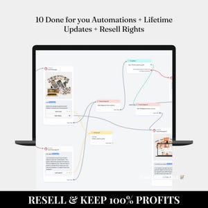 May include: A computer screen displaying a flowchart with 10 steps, showing how to automate a business process. The text "10 Done for you Automations + Lifetime Updates + Resell Rights" is at the top of the screen. The text "RESELL & KEEP 100% PROFITS" is at the bottom of the screen.