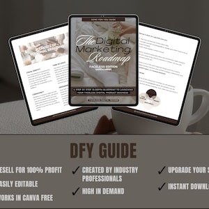 May include: A digital marketing roadmap guide with a brown and white color scheme. The guide is titled "The Digital Marketing Roadmap: Faceless Edition with MAR". The guide includes a step-by-step blueprint to launching a faceless digital product business. The guide is easily editable and can be used in Canva.