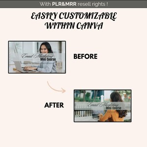 May include: Before and after image showing how to customize a digital product using Canva. The before image shows a generic email marketing mini course graphic. The after image shows the same graphic with a more personalized design.