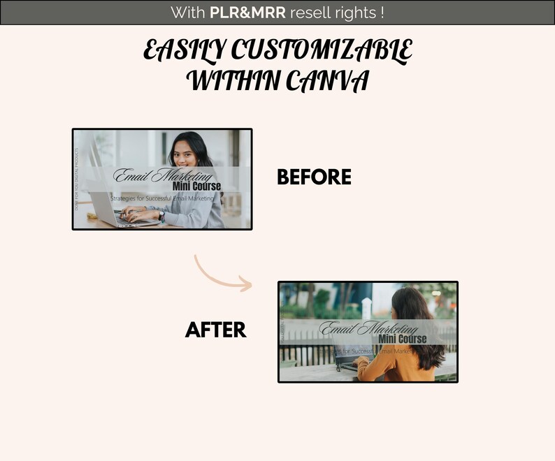 May include: Before and after image showing how to customize a digital product using Canva. The before image shows a generic email marketing mini course graphic. The after image shows the same graphic with a more personalized design.