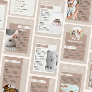 May include: A collection of pages from a guidebook on caring for small pets, including hamsters, guinea pigs, and rabbits. The pages feature text and images of the animals, with titles like "Hamsters", "Guinea Pigs", "Rabbits", and "Exercise and Playtime".
