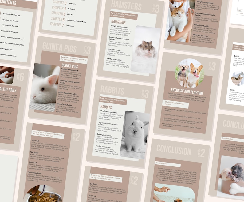 May include: A collection of pages from a guidebook on caring for small pets, including hamsters, guinea pigs, and rabbits. The pages feature text and images of the animals, with titles like "Hamsters", "Guinea Pigs", "Rabbits", and "Exercise and Playtime".