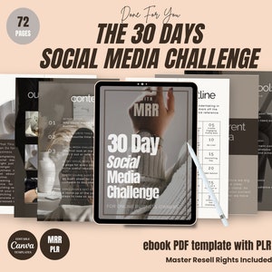 Op de afbeelding: Een digitale tablet met een 30-daagse social media challenge ebook-sjabloon met de tekst "30 Day Social Media Challenge for Online Business Owners" op het scherm. De tablet staat op een roze oppervlak met een witte stylus ernaast. De ebook-sjabloon is ontworpen voor online ondernemers en bevat 72 pagina's inhoud.
