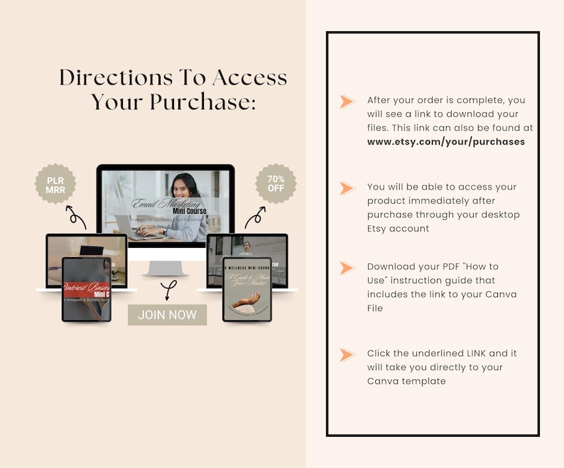 May include: A digital marketing guide with the text "Email Marketing Mini Course" displayed on a computer screen. The image also includes the text "Directions To Access Your Purchase" and instructions on how to access the purchased product.