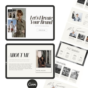 Puede incluir: Un portafolio de marketing digital con un dise&ntilde;o minimalista. El portafolio presenta una foto de una mujer y el texto "Let's Elevate Your Brand" y "UGC Portfolio by Rachel Wilson". El portafolio tambi&eacute;n incluye una secci&oacute;n titulada "About Me" con una foto de una mujer y texto sobre su experiencia en UGC.