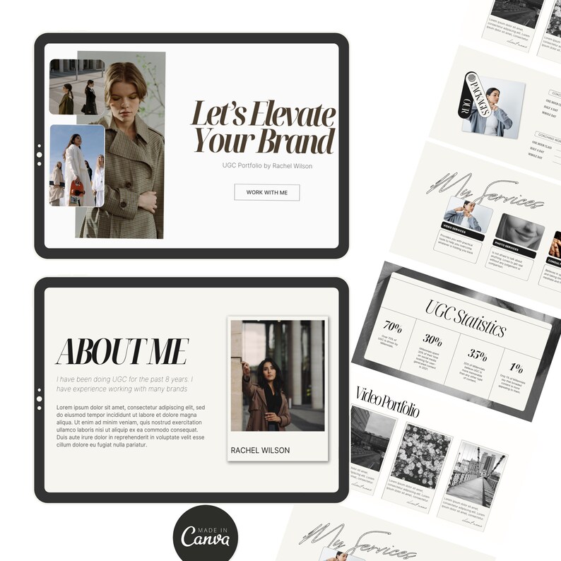 Puede incluir: Un portafolio de marketing digital con un dise&ntilde;o minimalista. El portafolio presenta una foto de una mujer y el texto "Let's Elevate Your Brand" y "UGC Portfolio by Rachel Wilson". El portafolio tambi&eacute;n incluye una secci&oacute;n titulada "About Me" con una foto de una mujer y texto sobre su experiencia en UGC.